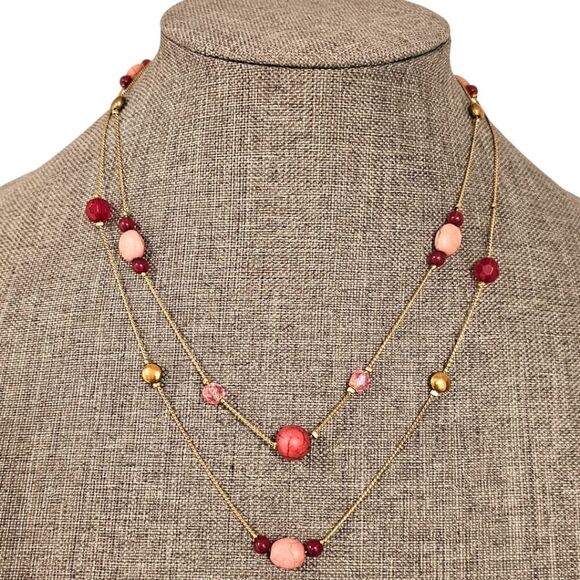LOFT Pink & Gold Beaded Double Layer Necklace - Picture 6 of 11